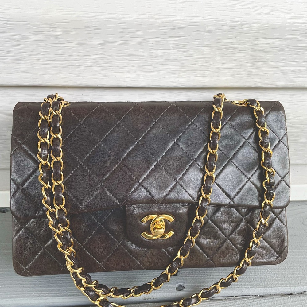 Classic Double Flap Medium Shoulder Bag Brown Lambskin Leather